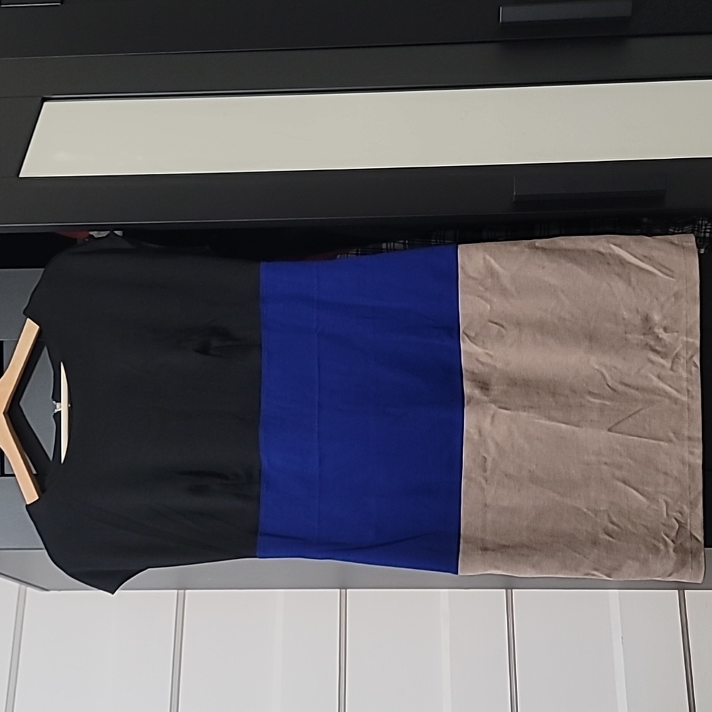 Valerie Bertinelli black, royal blue and taupe dress